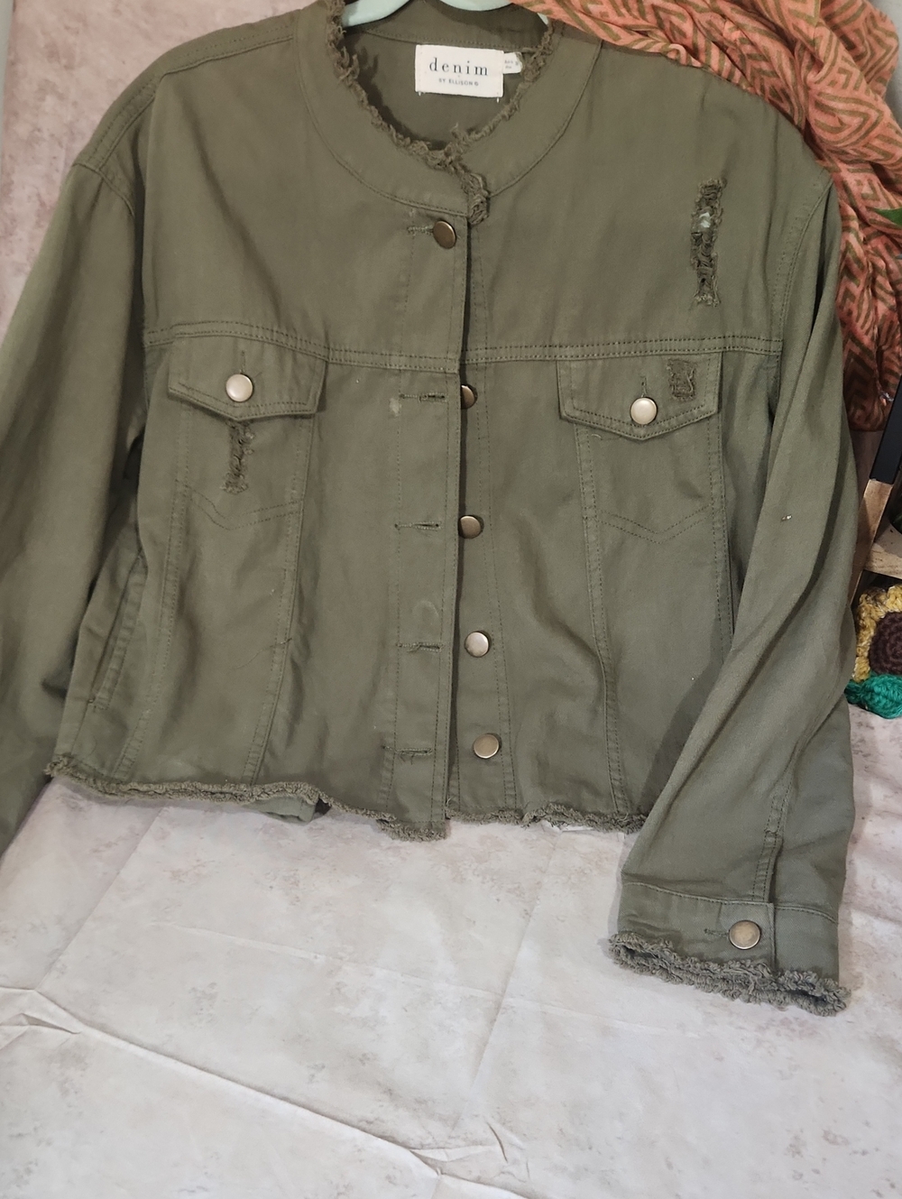 Ellison Olive Green Utility Jacket with Distressed Trim